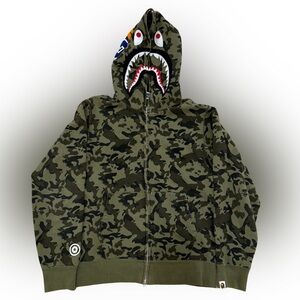 BAPE Shark Full Zip Hoodie Camo Green | Authentic | Size L Made in Japan